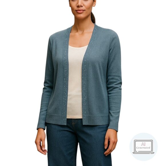 Eileen Fisher Womens Open Front Knit Sweater Cardigan Beaded Green Size S - Picture 1 of 14